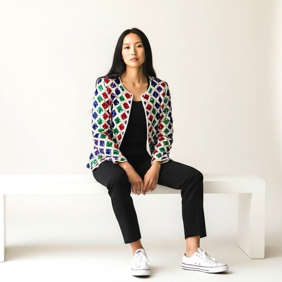 vintage PATRA Diamond shape Sequiend all over Sparkling Jacket sz 16 - Picture 6 of 9